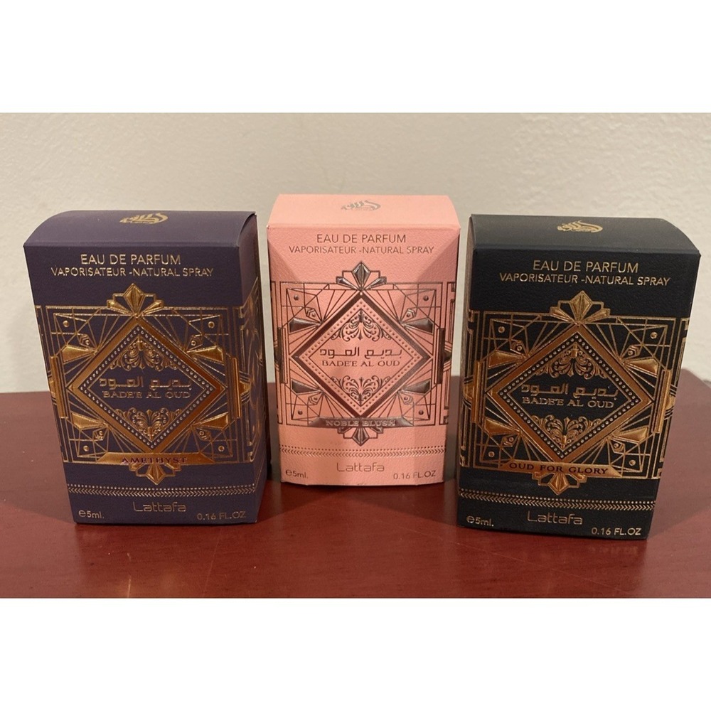 Lattafa Eau De Parfum Bade'e Al Oud Lot of 3 Scents each is .16 fl oz / 5ml